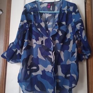 Blue Camouflage Sheer Women's Top